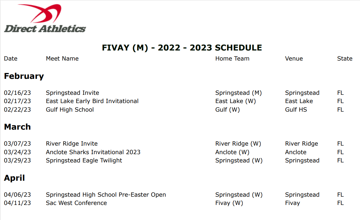 2023 Track & Field Schedule Fivay High School