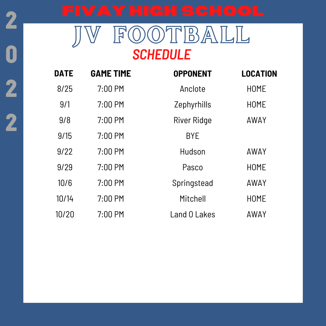JV Football Schedule Fivay High School