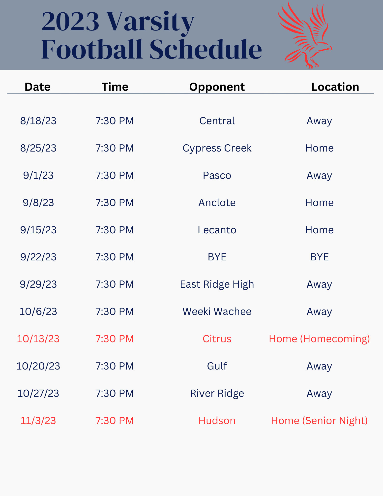 2023 Varsity Football Schedule (2) Fivay High School