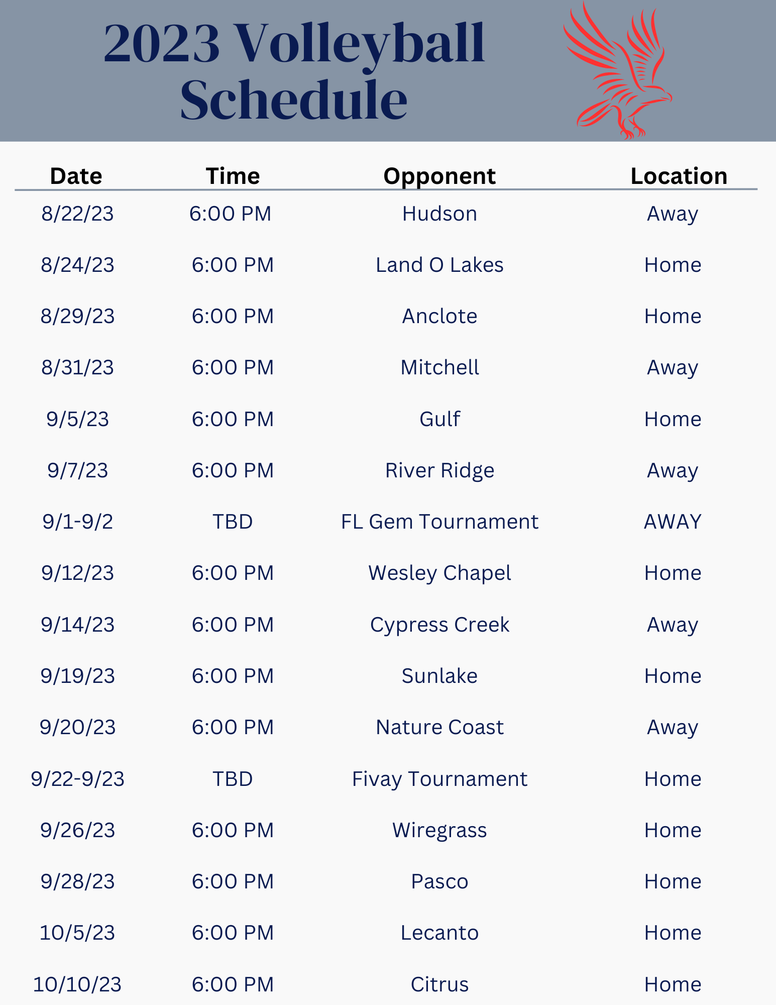 2023 Volleyball Schedule  Fivay High School