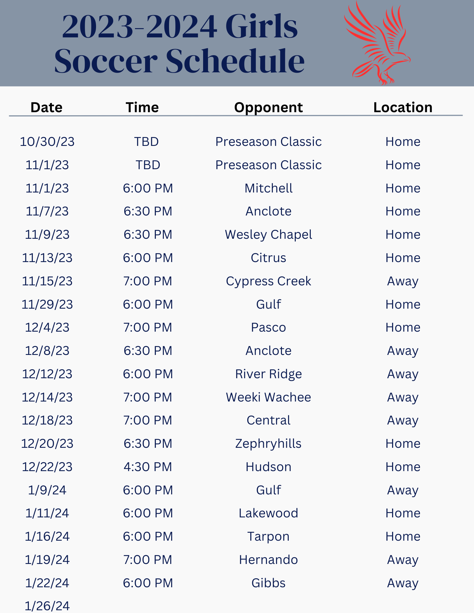 20232024 Girls Soccer Schedule Fivay High School