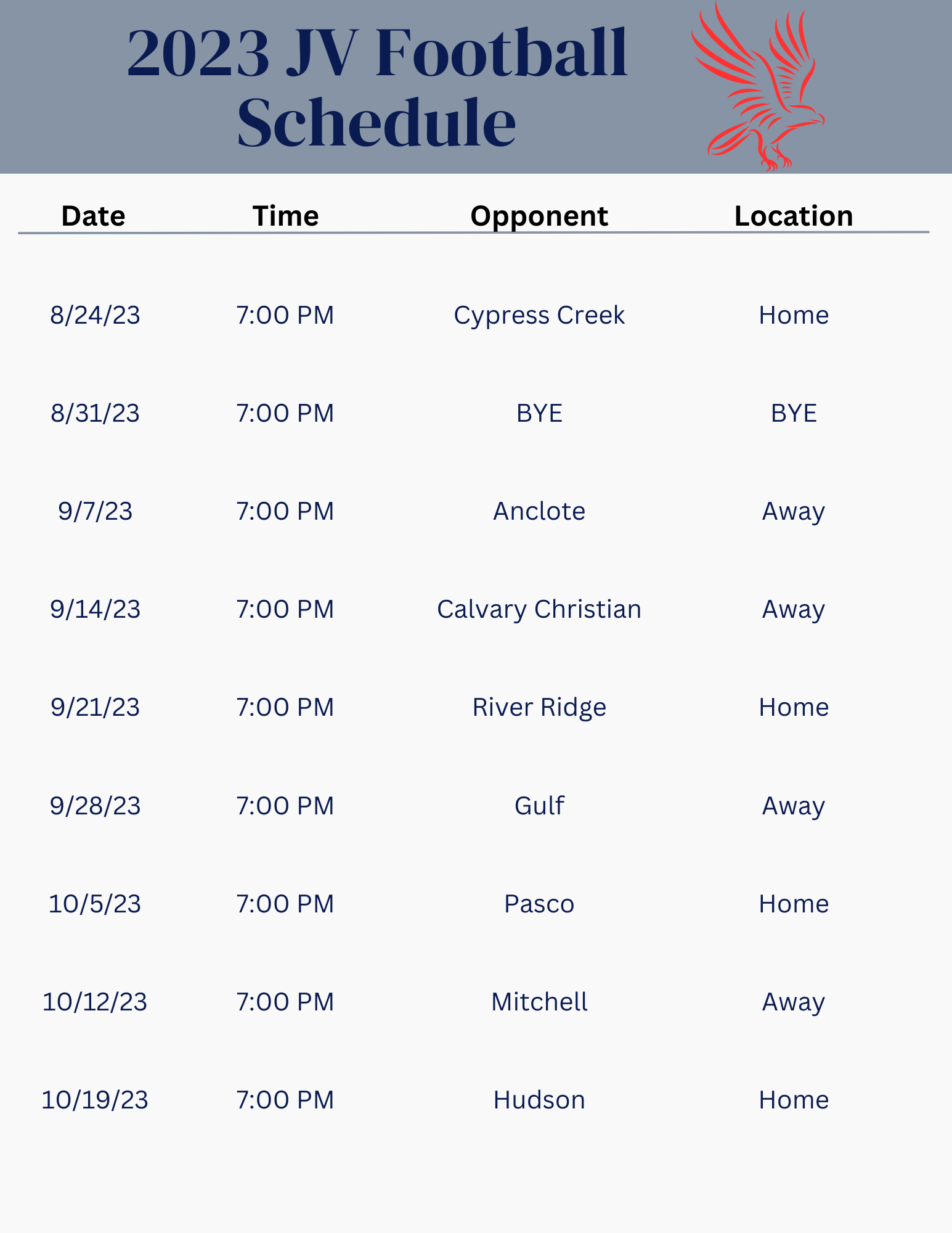 2023 JV Football Schedule Fivay High School