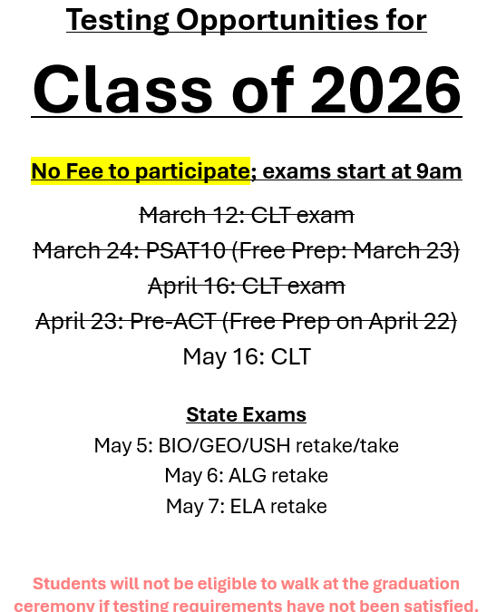 Seniors: Testing Alternatives (updated May 1)